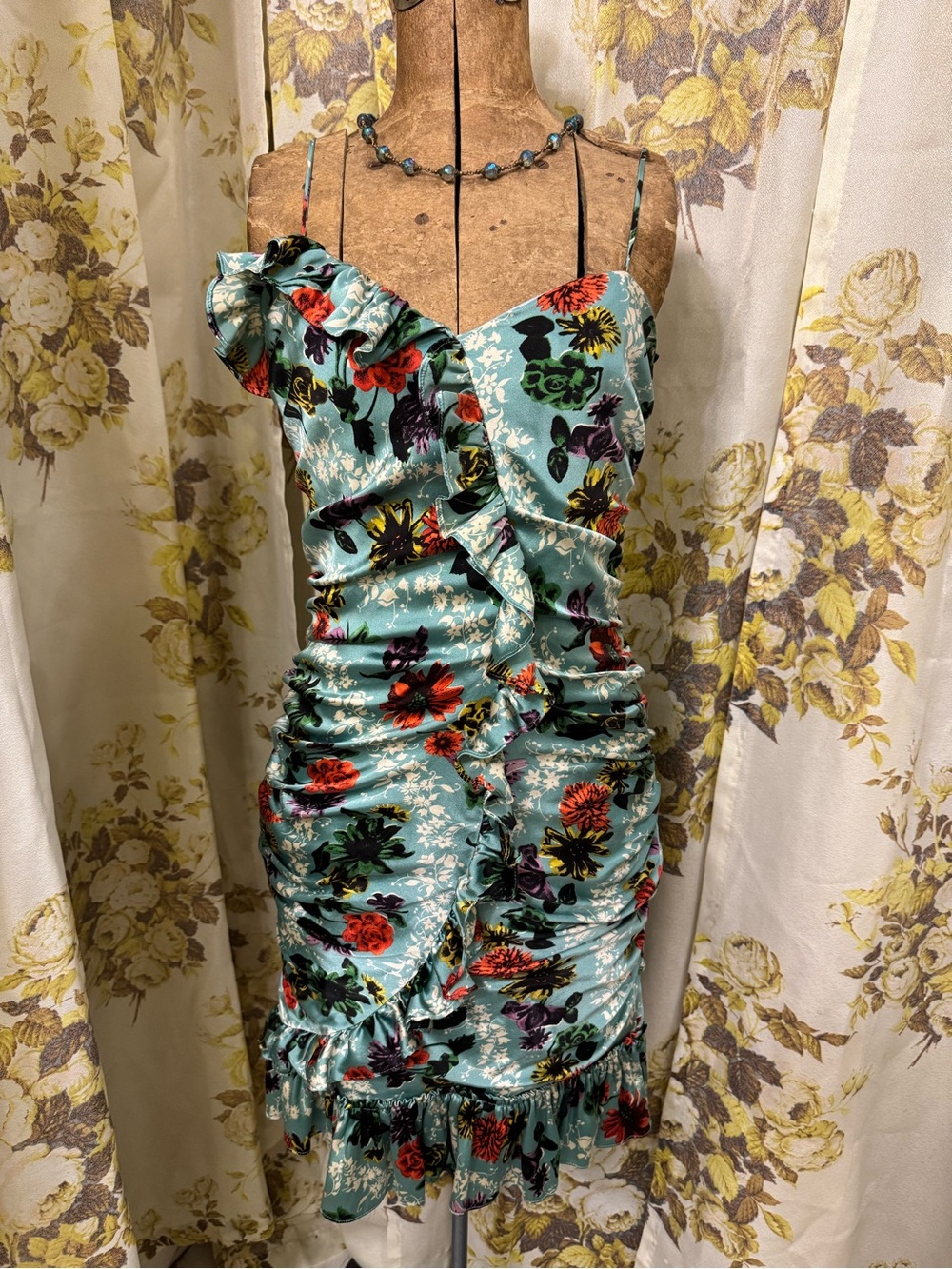 Betsey Johnson Teal Floral Ruffle Ruched Midi Dress